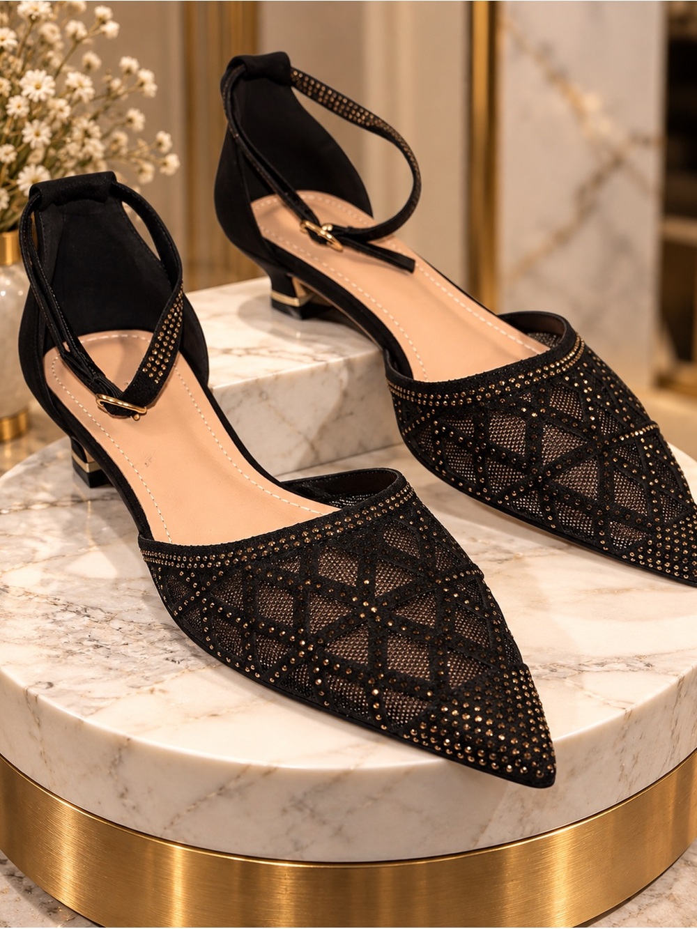 Black Embellished Pointed-Toe Ankle-Strap Heels